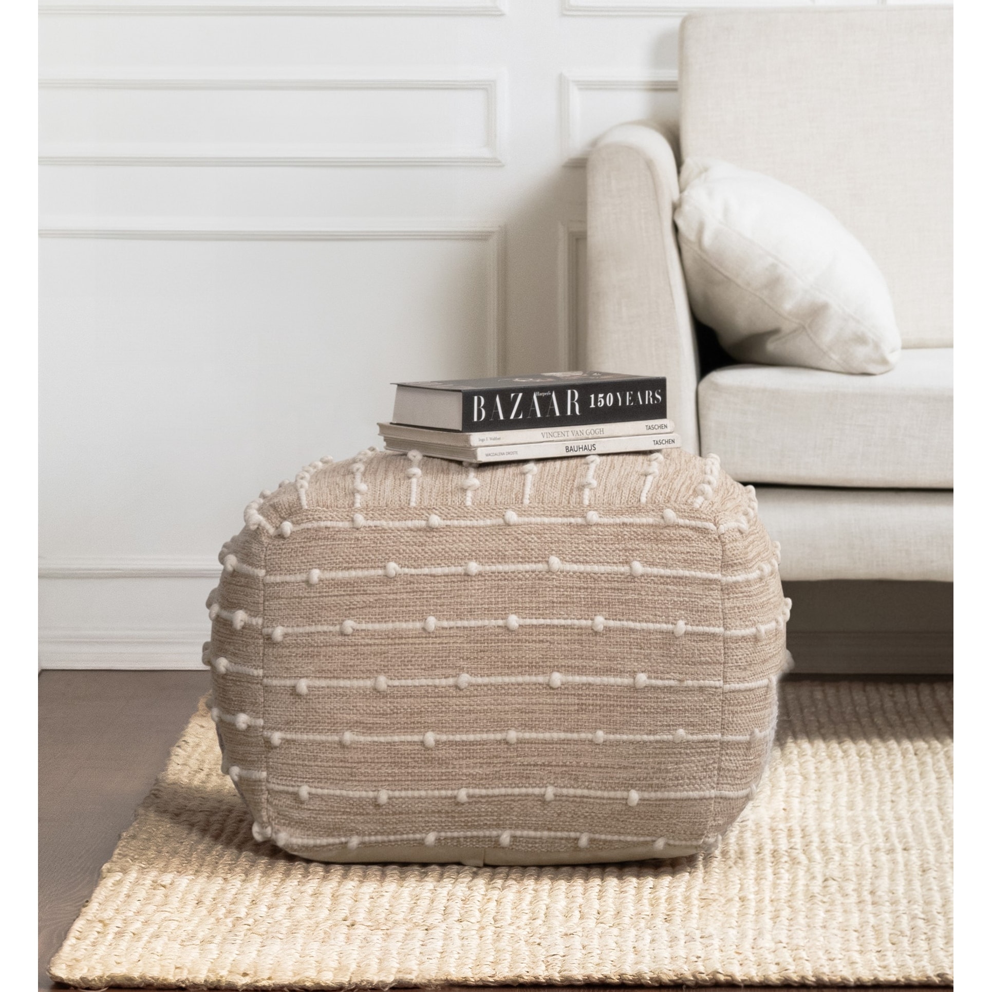 Jani Penelope 22 x 22 x 16 Brown & Ivory Square Pouf Ottoman - Handmade Footrest for Living Room, Bedroom