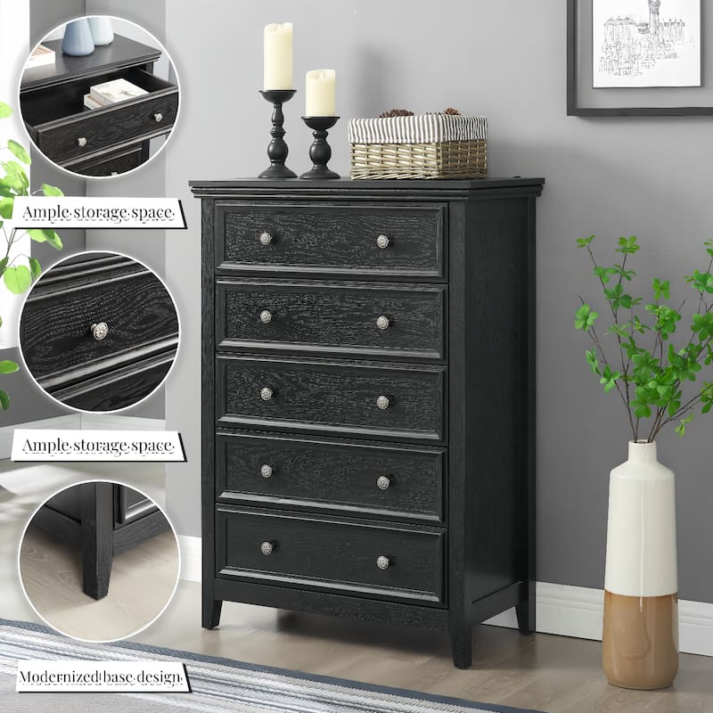 Black Farmhouse 5-Drawer Dresser, Living Room Closet Organizer