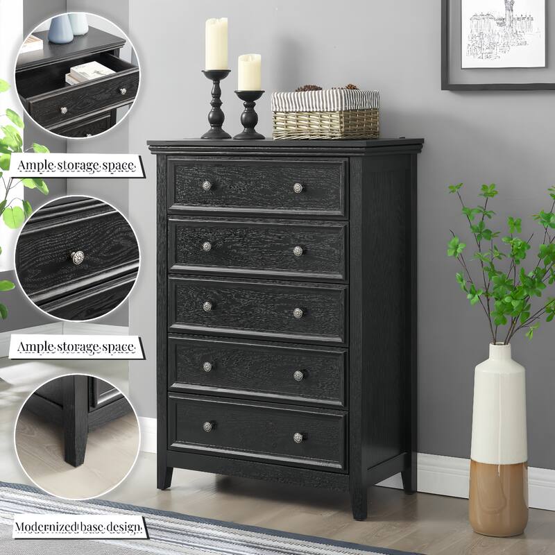 Farmhouse 5-Drawer Dresser with Smooth Metal Rails & Anti-Tipping Mechanism for Bedroom Storage