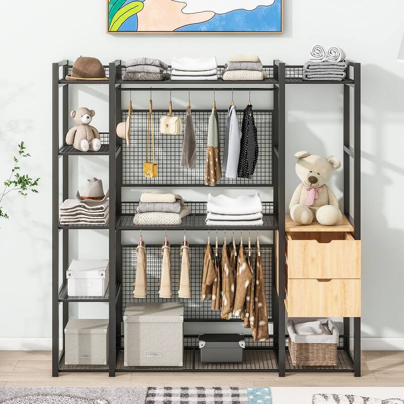 Open-Style Wardrobe with Hanging Rails, Shelves and Drawers - N/A