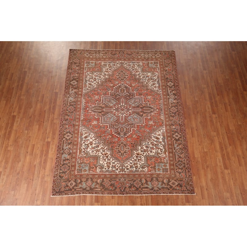 Orange Geometric Heriz Persian Vintage Area Rug Handmade Wool Carpet - 7'2"x 9'8"