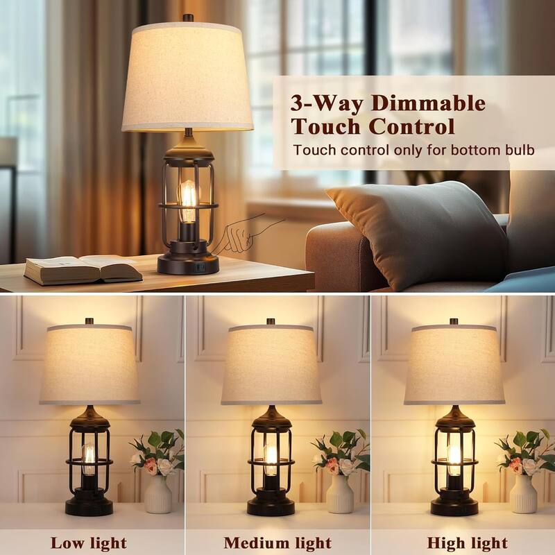 Table Lamp Set of 2 with USB Ports, Touch Control 3-Way Dimmable Bedside Lamp with 2 LED Night Light