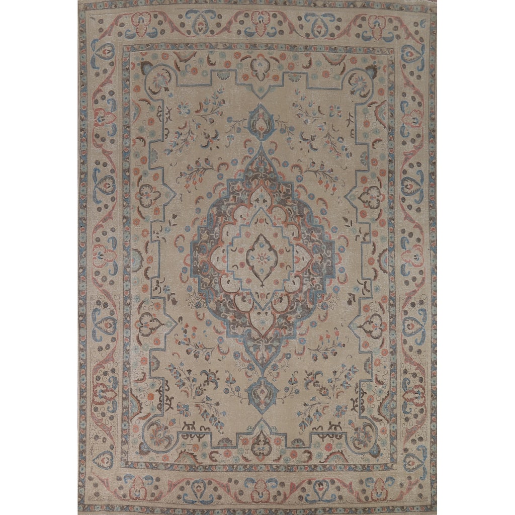 Geometric Beige Tabriz Persian Area Rug Hand-Knotted Wool Carpet - 9'8"x 13'4"