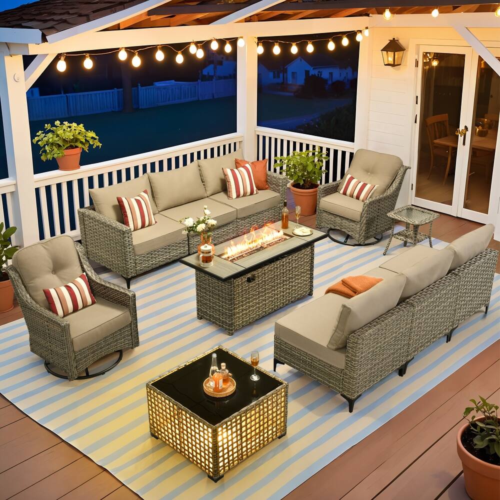 XIZZI 11-Piece Outdoor Wicker Patio Furniture Set with Fire Pit & Solar Coffee Table