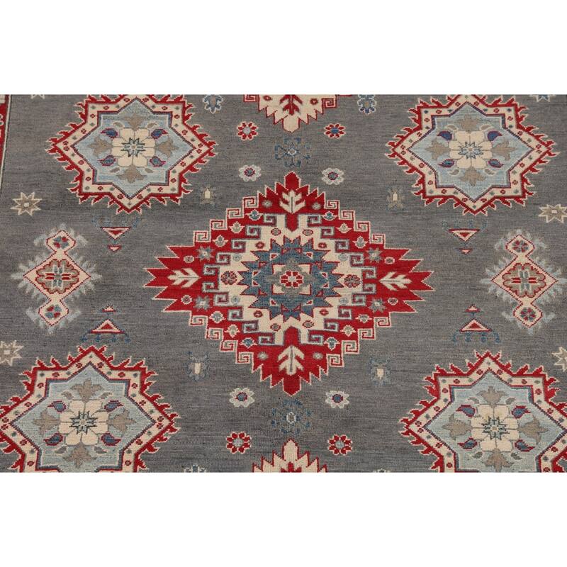 Hand Knotted Oriental 100% Wool Carpet Traditional Geometric Greys & Charcoal Kazak Area Rug - 9' 6'' X 6' 11''