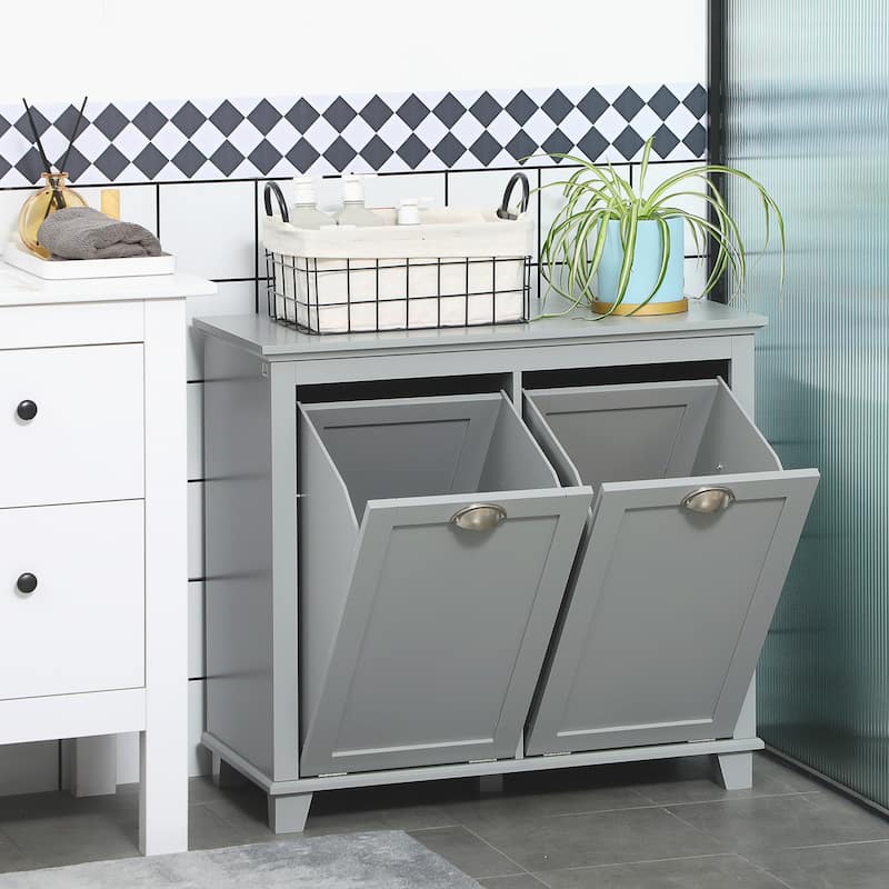 HOMCOM Laundry Room Organization and Storage Cabinet Freestanding Furniture with 2 Tilt Out Hamper Design, White - 30*15.75*27.5 - Silver - Grey