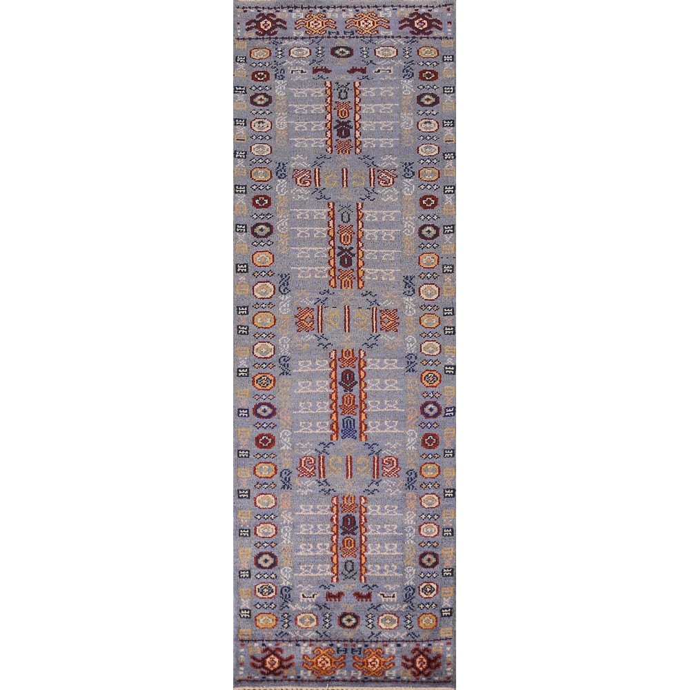 Blue Heriz Serapi Indian Runner Rug Hand-Knotted Geometric Wool Carpet - 2'6" x 9'11"