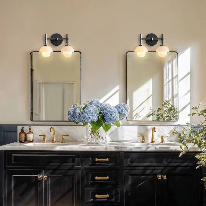 Lily Pod Double Armed Sconce - Metal, Glass & Matte Black, Ivory White 2-Light Sconce for Bathroom or Hallway in Modern Style