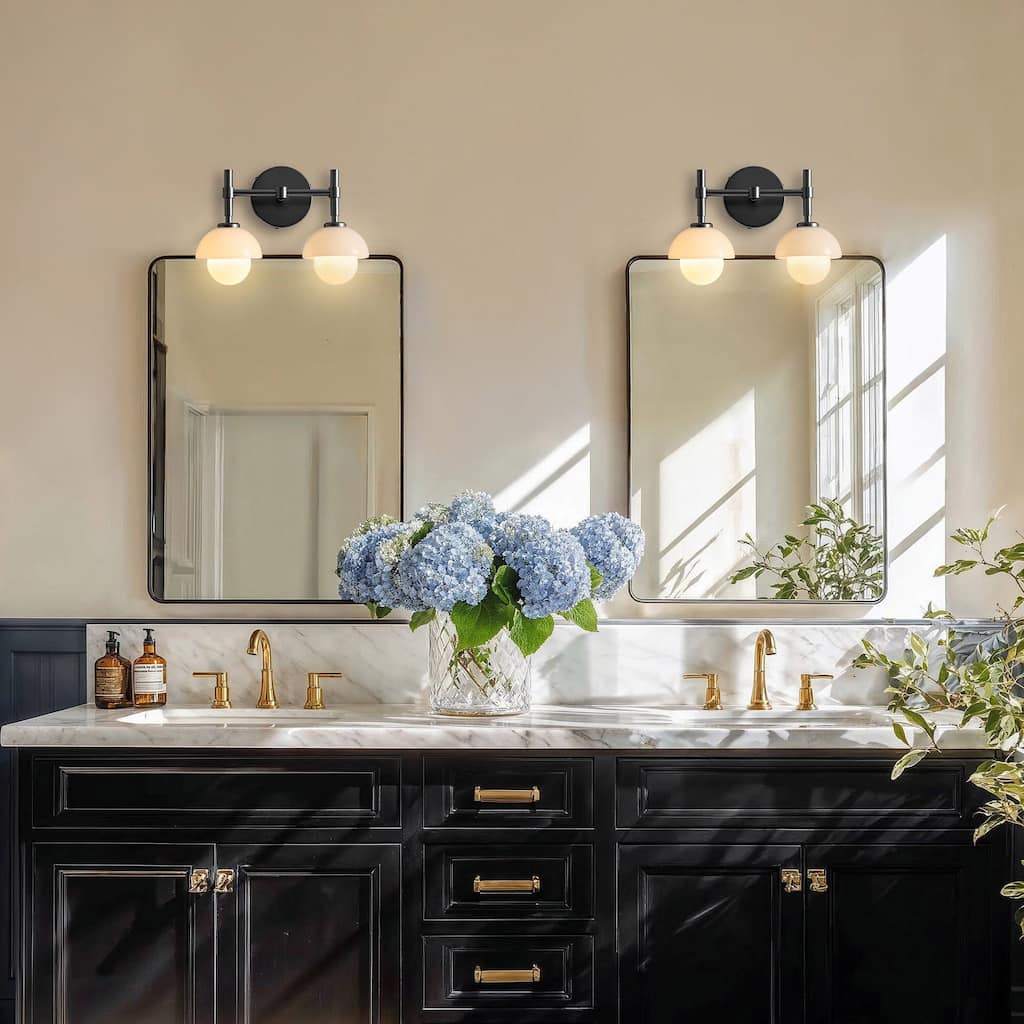 Modern Pod Double Armed Sconce Metal, Glass & Matte Black, Ivory White 2-Light Sconce for Bathroom or Bedroom in Modern Style..