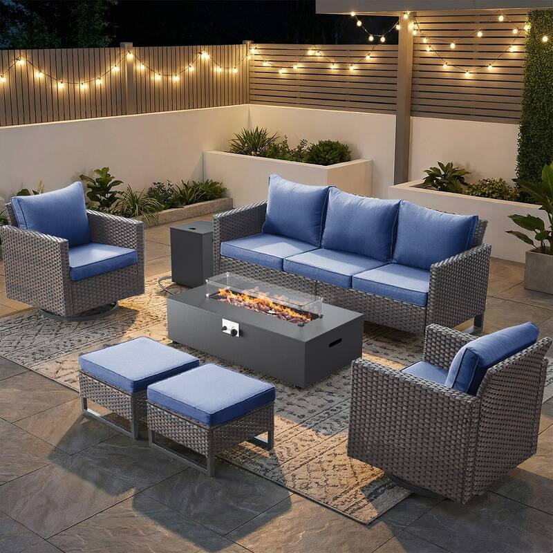 Pocassy Patio 5/7PCS Sofa Swivel Chair Ottoman with Fire Pit Table - Brown Wicker Blue Cushion - 7-Piece Sofa Swivel Chair Ottoman with Fire Table