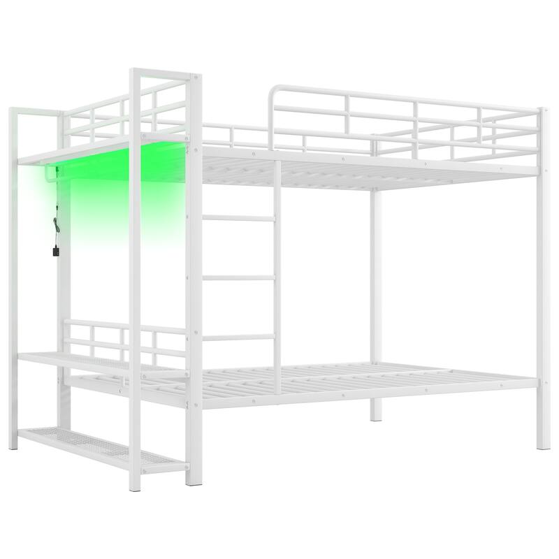 Full Over Full Size Bunk Bed with Storage Mesh Shelves and Clothes Hooks, LED Light - Metal Bed Frame with Metal Slat Support