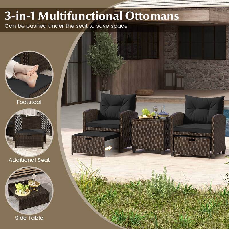 Gymax 5 CS Rattan Furniture w/ & Tempered Glass & 2 Ottomans Coffee
