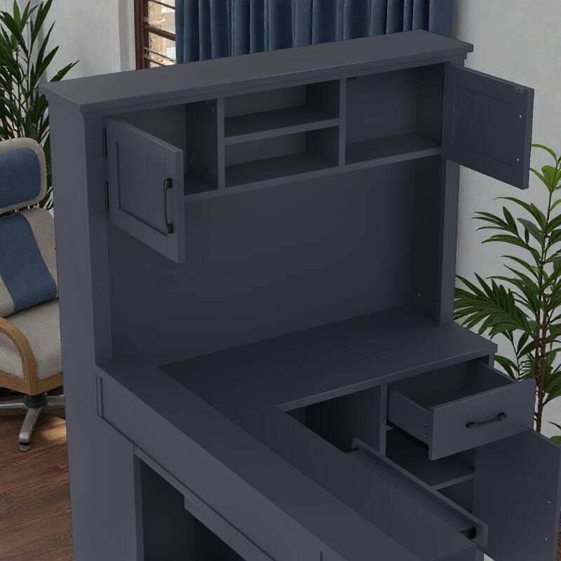 L Shaped Computer Desk with Power Outlet, Corner Desk with Drawers Bookshelf and Storage for Home Office Study