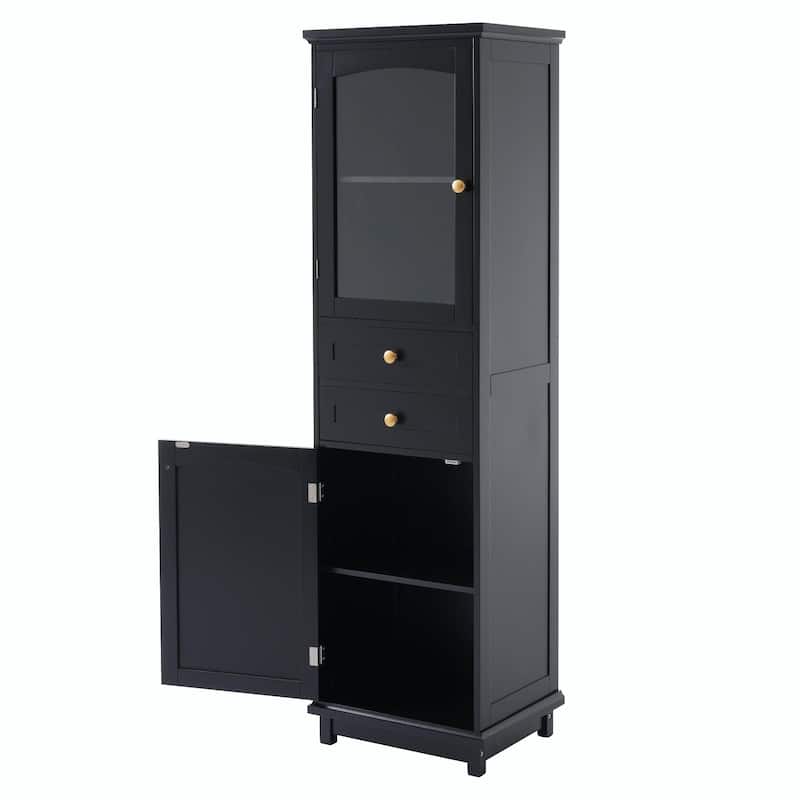 Tall Free-Standing Bathroom Storage Cabinet with Glass Doors and Two Drawers