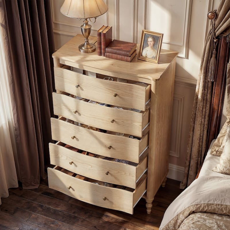 5 Drawer Chest Dresser for Bedroom, Wooden Chest of Drawers with Turned Solid Wood Legs, Modern Storage Dresser, 32.8" Wide