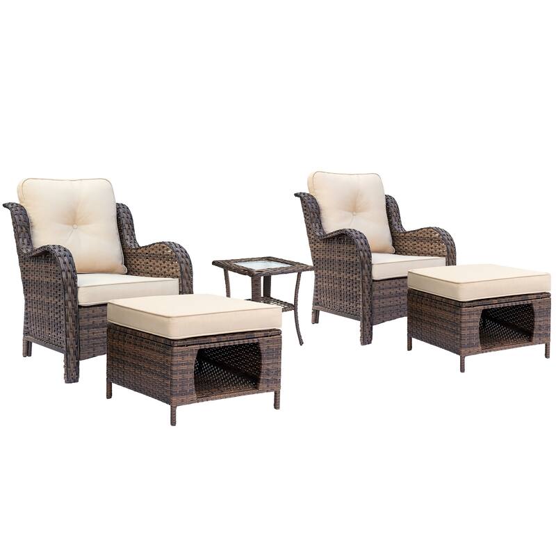 5-piece Outdoor Patio Wicker Conversation Sets With Storage Ottomans
