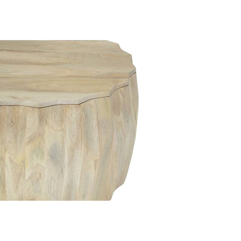 Facet 30" Diamond Carved Round Mango Wood Coffee Table - Elegant Cylindrical Base, Walnut Finish Accent Table