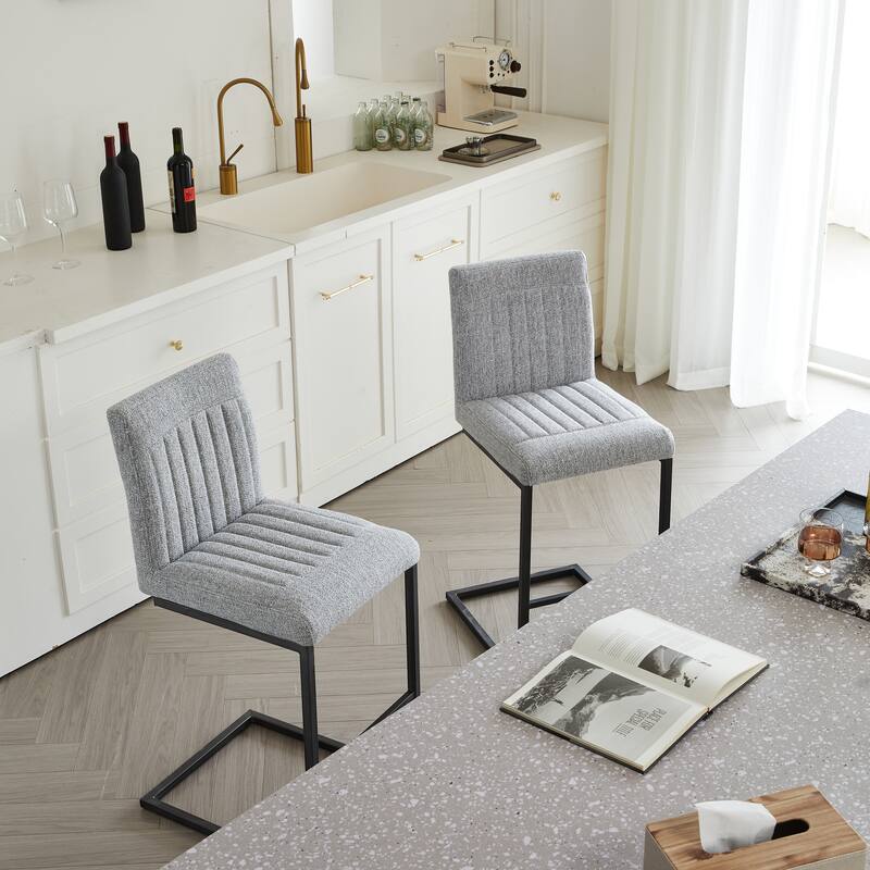 Set of 2 Light Gray Fabric Bar Stools, Sturdy Black Metal Frame, Counter Height for Kitchen & Living Room
