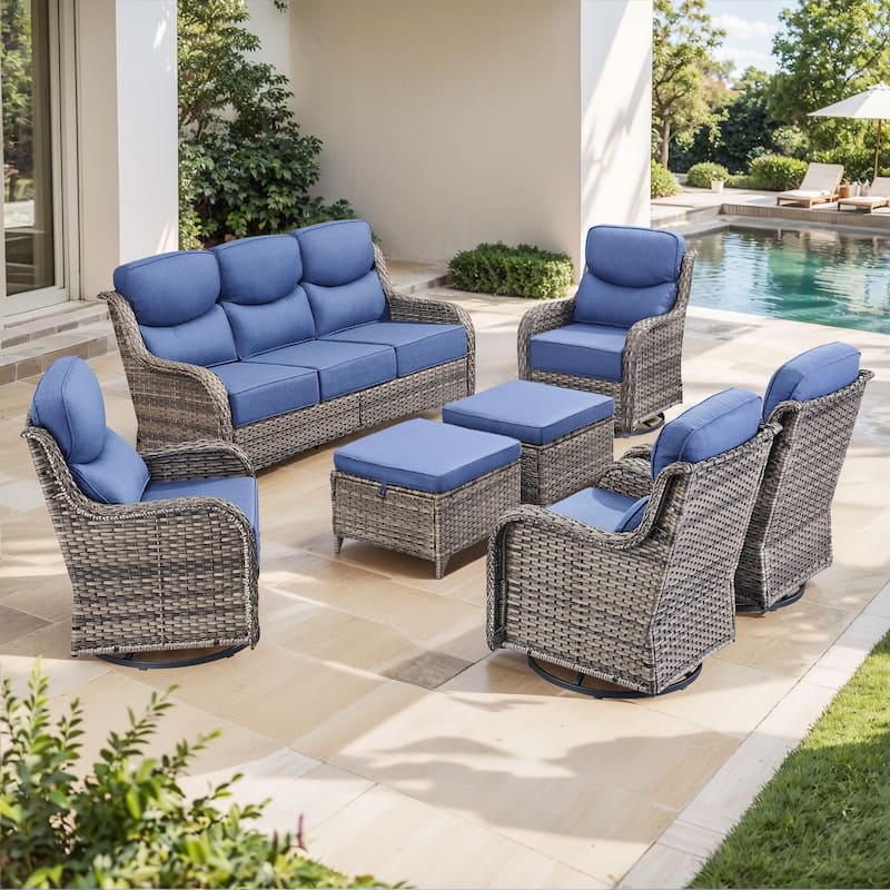 Outdoor Sofa with 6-Inch Thick Cushions Furniture for Porch - Grey Wicker Blue Cushion - 7PCS Sofa Swivel Chair w/ Ottoman