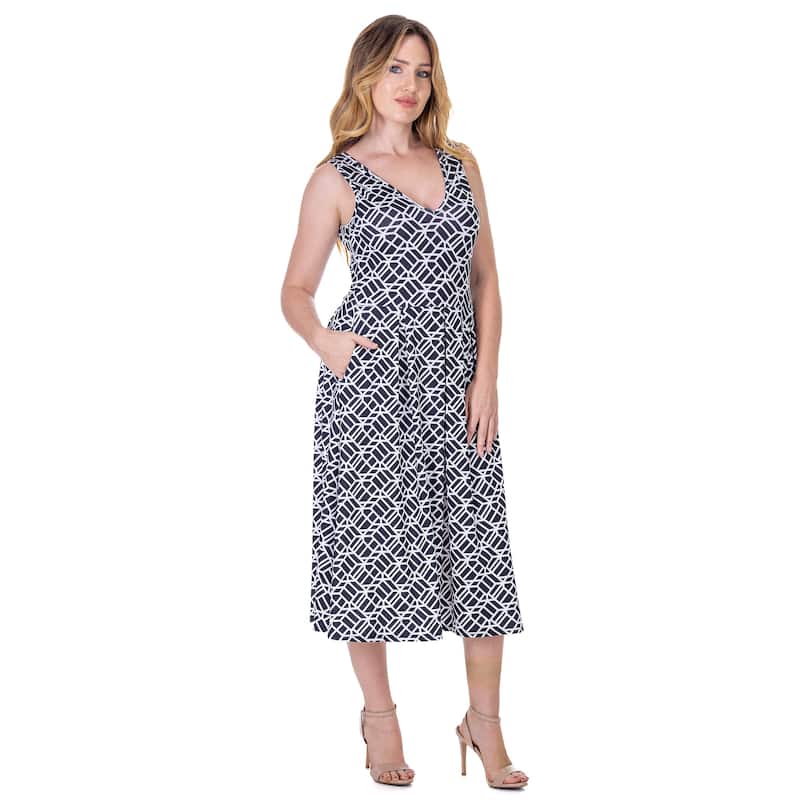 24seven Comfort Apparel Womens Midi Length Black Geo Print Sleeveless Pleated Pocket Dress