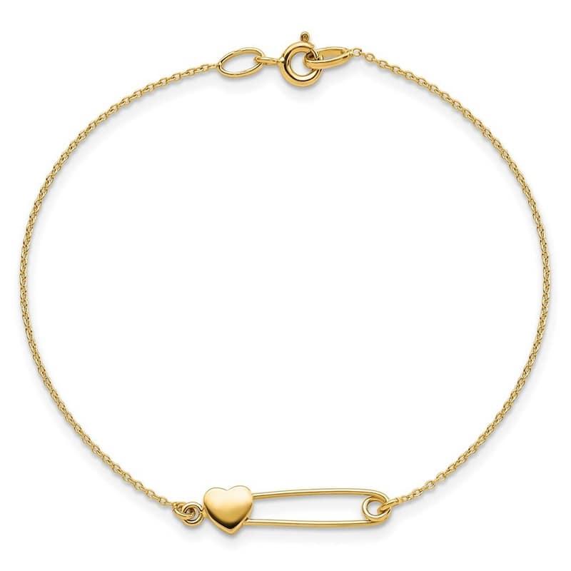 Curata 14k Gold Safety Pin With Love Heart Bracelet 7 Inch