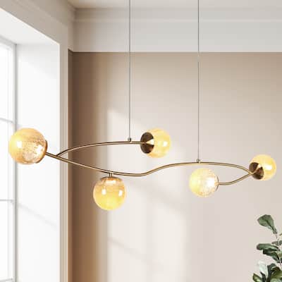 Modern Gold LED 5-Light Linear Art Glass Chandelier Kitchen Island Light - W45" x H71.2" Max