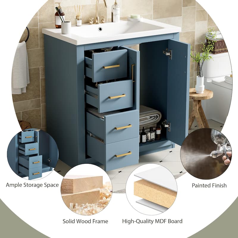 Freestanding Vanity Set, Wooden Bathroom Storage Cabinet, Bathroom Vanity with Ceramic Sink, 3 Drawers & Soft Closing Doors