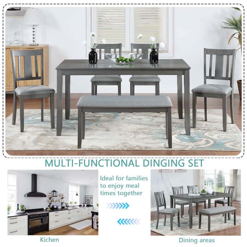 GDFStudio - Brookline 6-Piece Transitional Rectangular Wooden Dining Table Set with 4 Upholstered Chairs & 1 Bench