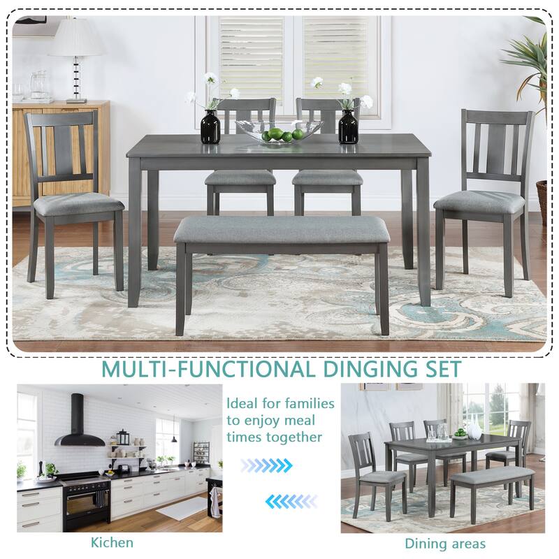 Modern Style 6-Piece Dining Set with Rectangular Wooden Table, 4 Upholstered Decorative Back Dining Chairs and Upholstered Bench