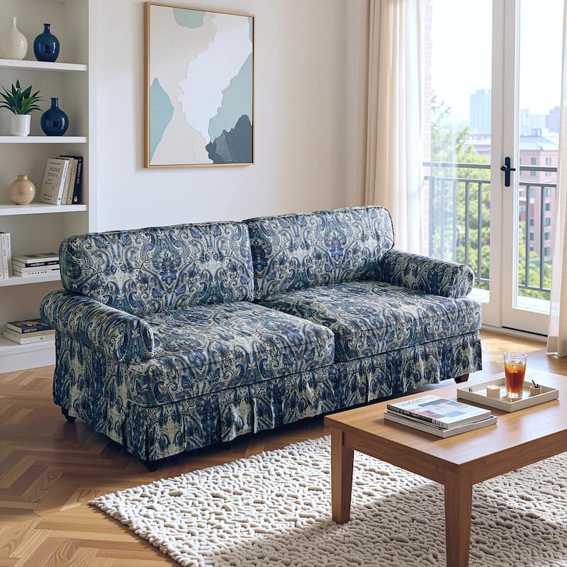 Homy Casa 3/4-Seater Chenille Cloud Sofa with Rolled Arms & Pleated Skirt, Extra Deep Seat, Multiple Colors - 3 - Blue