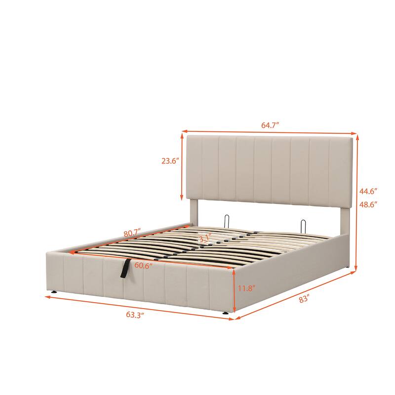 Upholstered Queen Size Platform Bed with Hydraulic Storage System and