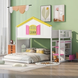 House Shaped Bed with Windows,Twin over Full House Bunk Bed with Pink Staircase and Drawer, Shelves Under the Staircase.