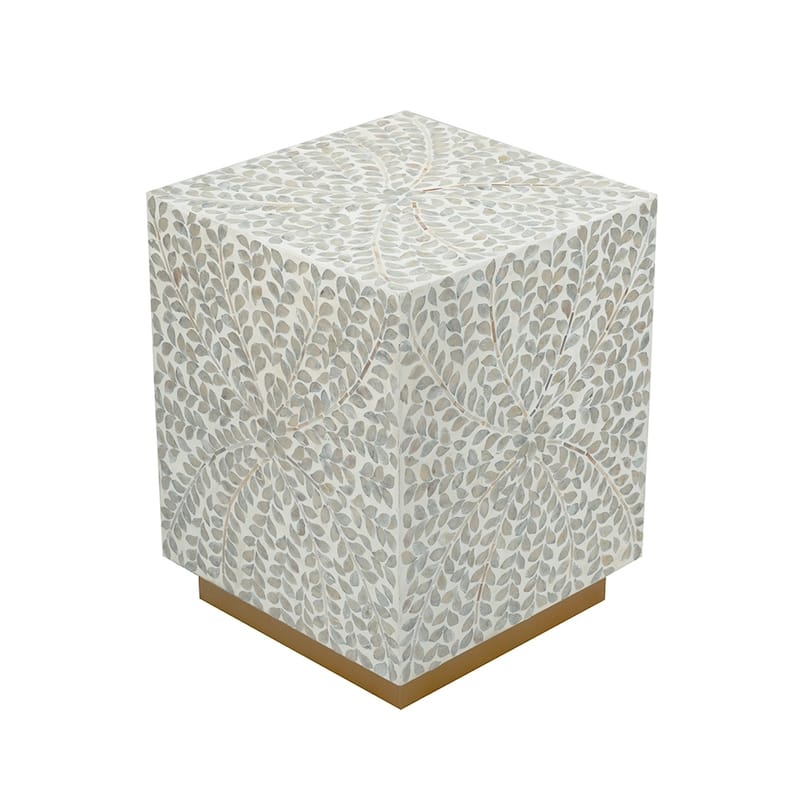 14x14x18" Square Accent Stool With White Capiz Shell Finish And Gold Pedestal Base