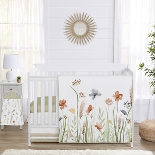 Boho Floral Garden Flower Girl Nursery Crib Bedding Set Sage Green Watercolor Bohemian Floral Vintage Shabby Chic Nature Fringe