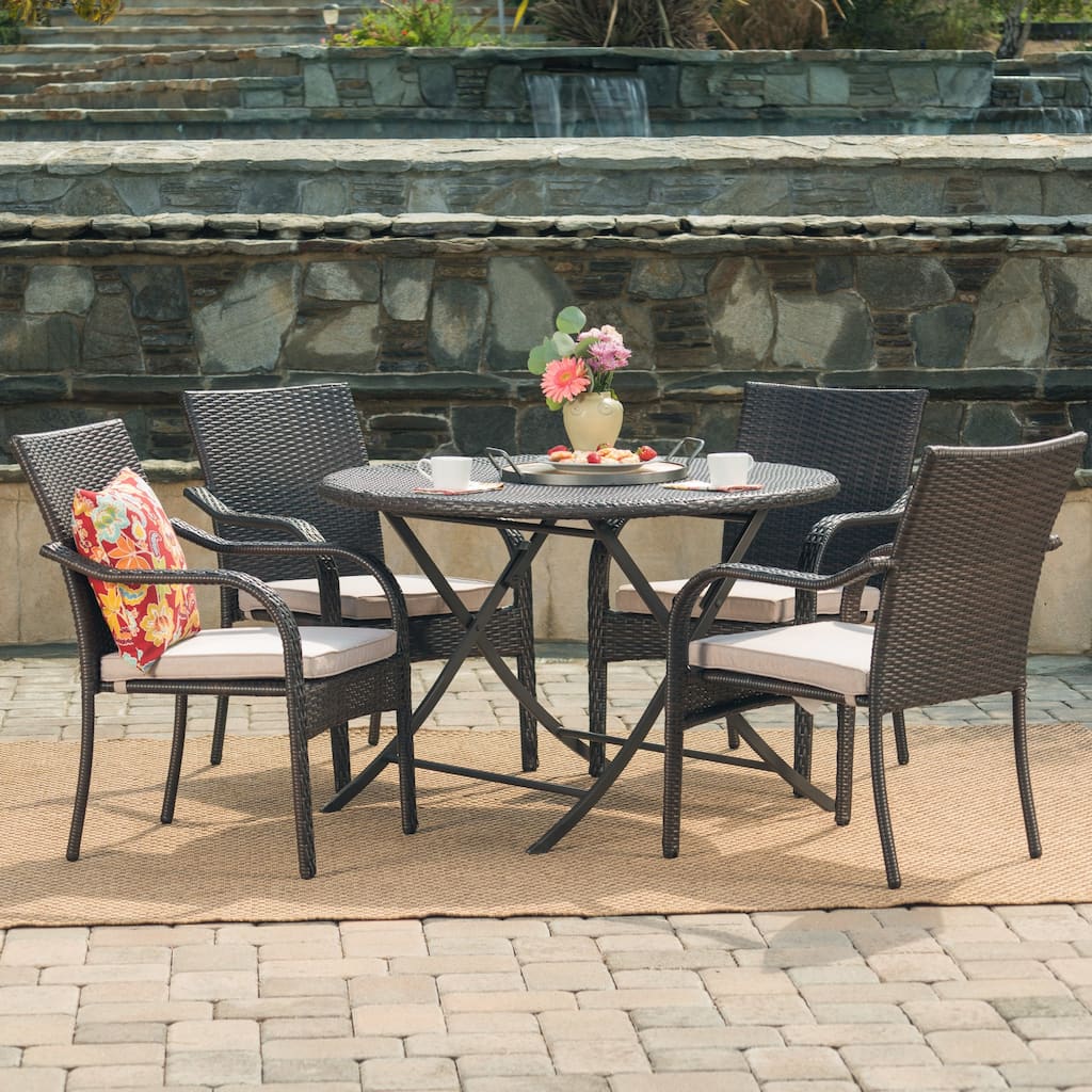 Lula Outdoor 5-Piece Round Foldable Wicker Dining Set with Umbrella Hole & Cushions by Christopher Knight Home