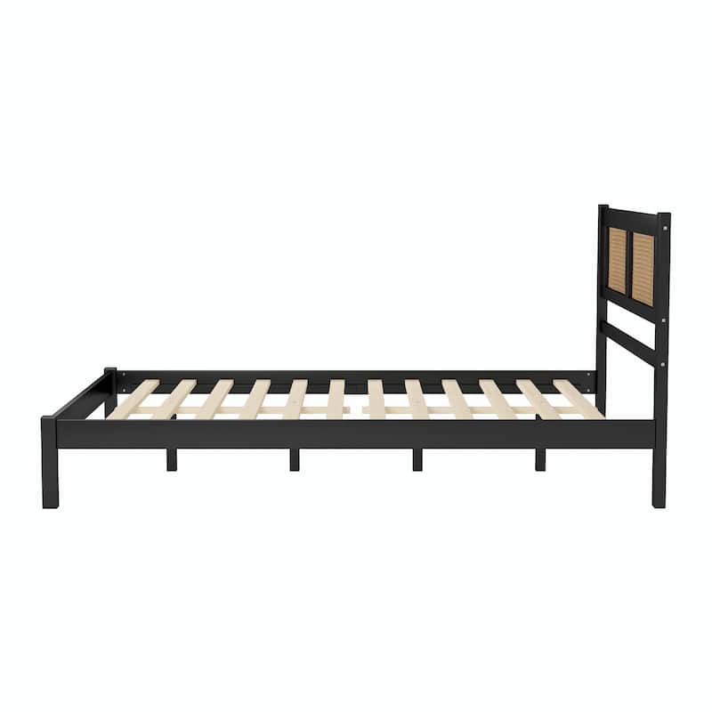 Wood Platform Bed with Natural Rattan Headboard, Elegant Minimalist Design