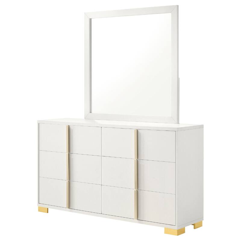 Dex Wide 6 Drawer Dresser with Mirror, Contemporary Gold Metal, White