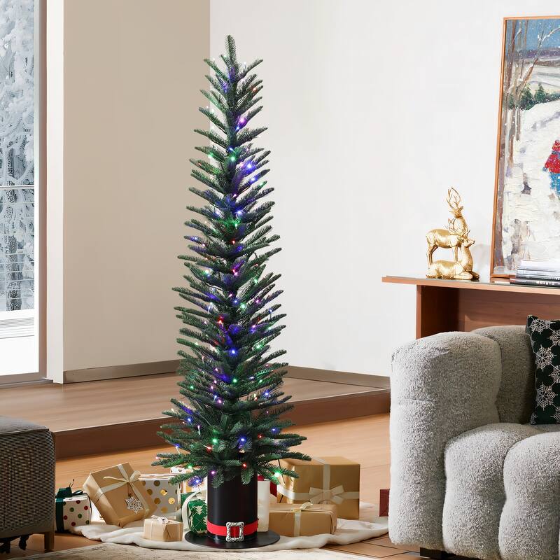 5.5Ft Pre-Lit Green Artificial PE Tree 10 Lighting Modes Christmas Tree with Tophat Pot - 66" H x 19.7" Diameter