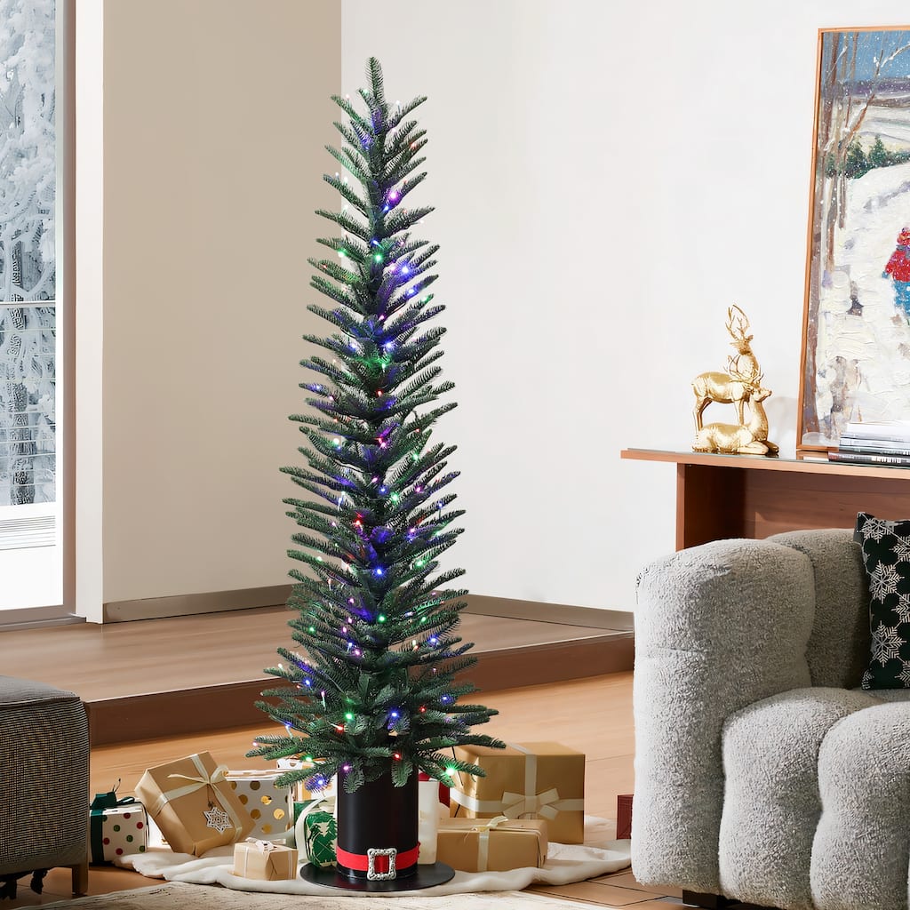 5.5Ft Pre-Lit Green Artificial PE Tree 10 Lighting Modes Christmas Tree with Tophat Pot - 66" H x 19.7" Diameter