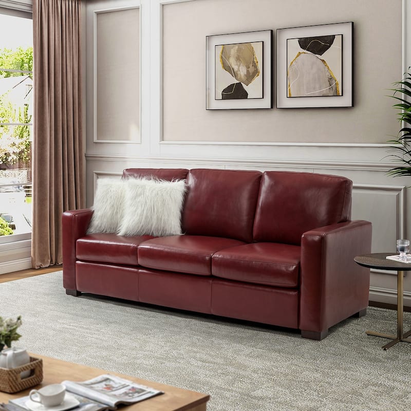 Ernando 83.46" Wide Genuine Leather Sofa with Squared Arms and Pillows