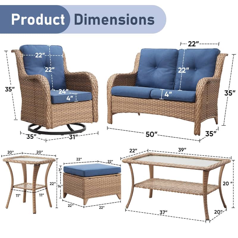 Pocassy Outdoor Sofa Swivel Chairs Table Ottoman 4 Inch Set
