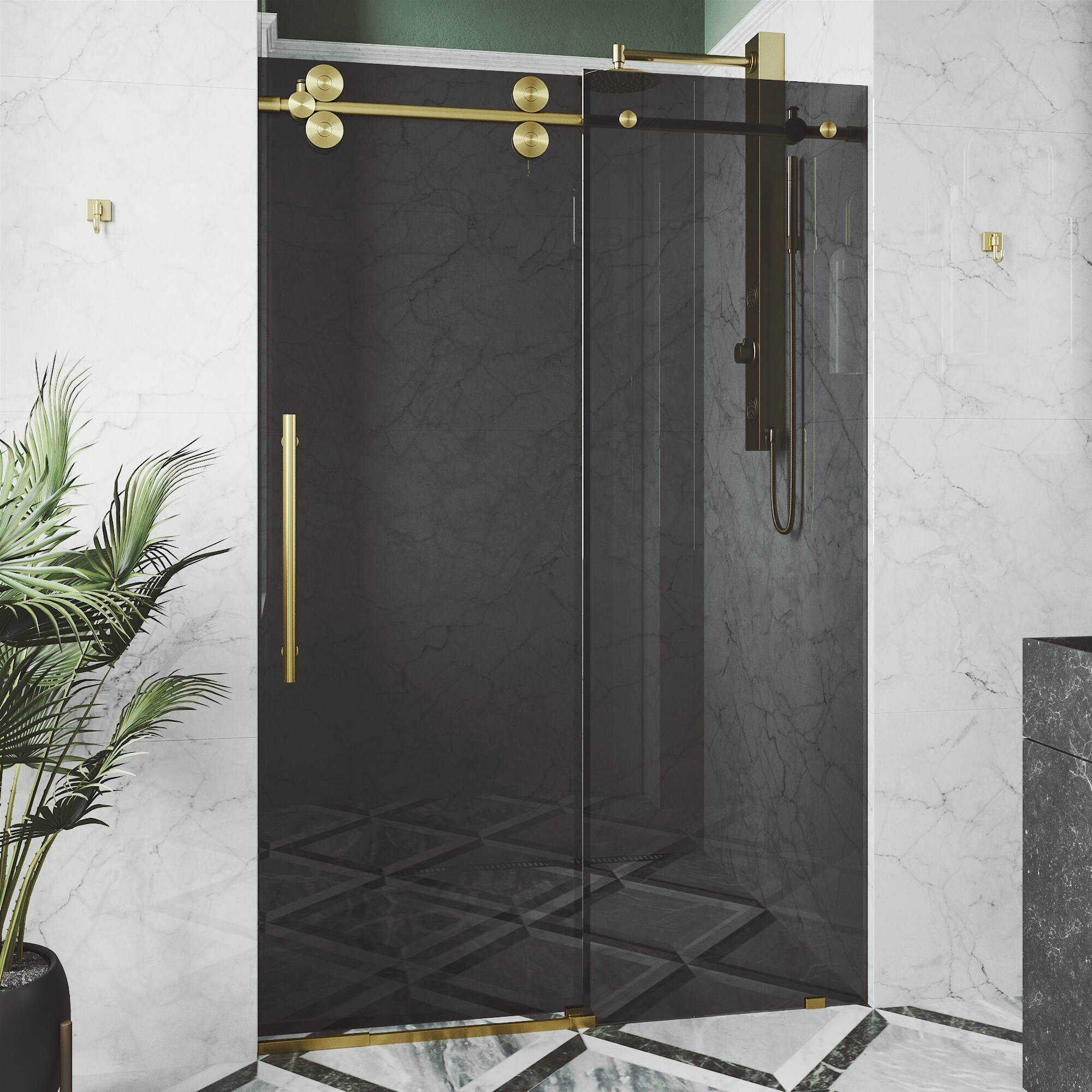 Vigo Elan 68 To 72 In X 74 In Frameless Sliding Shower Door In Matte Brushed Gold With Black Glass And Handle On Sale Overstock 31618749