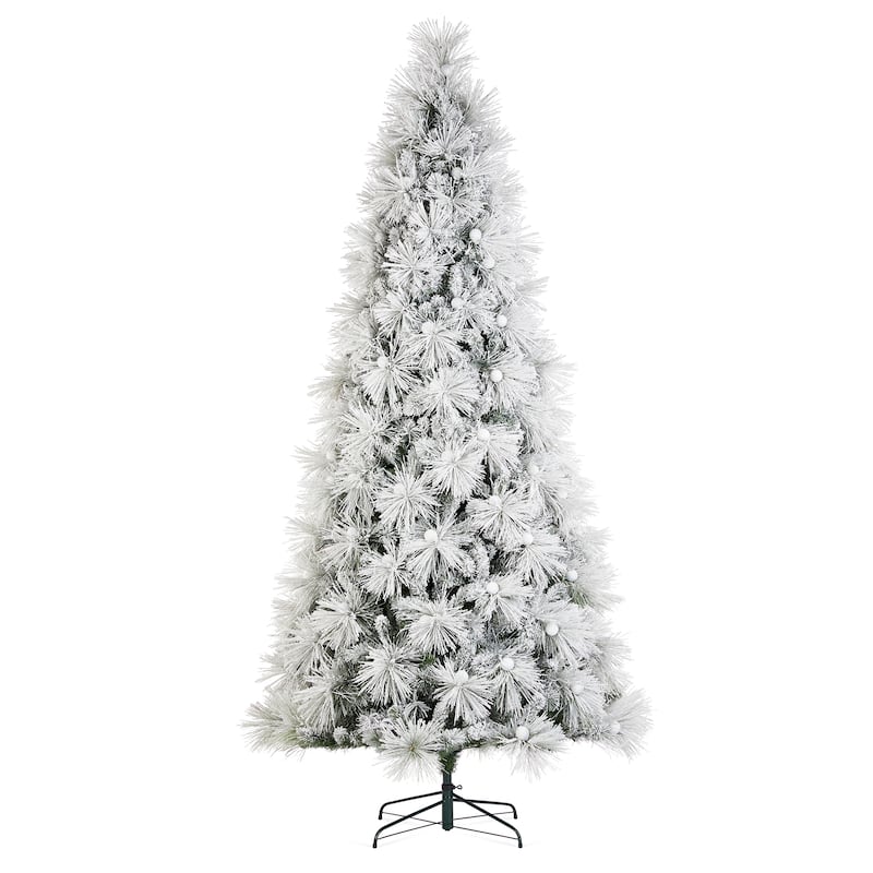 Glitzhome 7.5FT/9FT Pre-Lit Flocked Full Snowy Globe Pine Artificial Christmas Tree with Foot Switch