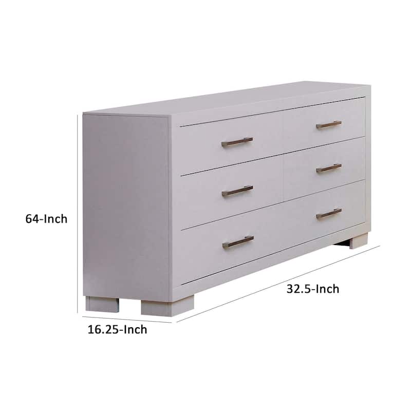 Bela 64 Inch Wide 6 Drawer Dresser, Felt Lined, Silver Handles, Crisp White