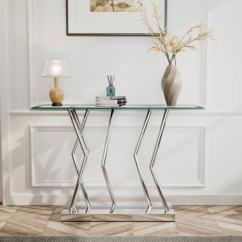 Tempered Glass Top Console Table, Entryway Sofa Table with Metal Base - 43.3"L x 15.8"W x 29.9"H