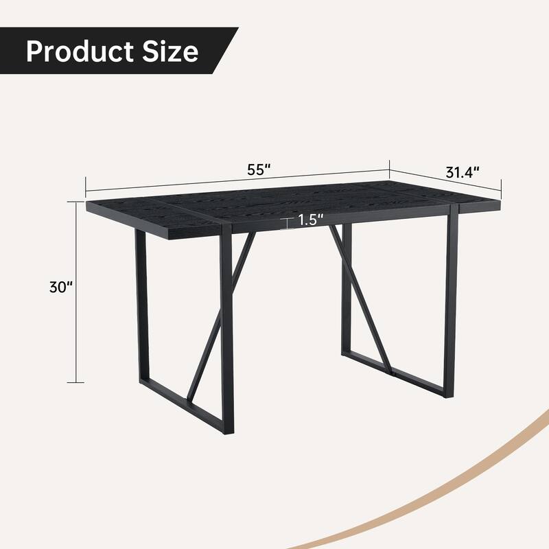 55-Inch Minimalist Retro Rectangular Dining Table, Black Textured Top with Inset Black Metal Legs
