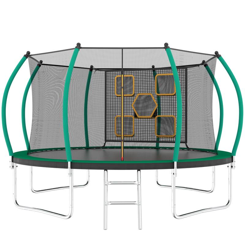 14FT Trampoline with Enclosure - Recreational Trampolines with Ladder, ASTM Approval Outdoor Trampoline for Kids - Black