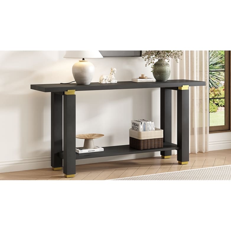 62.9'' Contemporary Minimalist Console Table, Solid Wood Entry Sofa Table Featuring Metal Accents And Built-In Shelf.