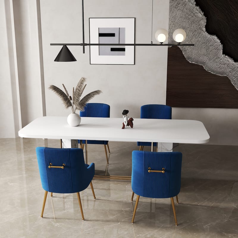 SEYNAR Modern Glam Boucle Pleated Velvet Dining Chair or Vanity Chair Set of 4 with Rear Handle - Navy