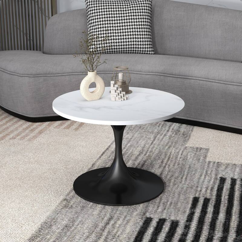 LeisureMod Verve 27" Round Coffee Table with Sintered Stone TableTop and Black Steel Base for Living & Bedroom